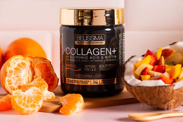 embalagem de collagen+ perto de frutas, nutricosmético que cuida de você de dentro para fora no dia da saúde e nutrição