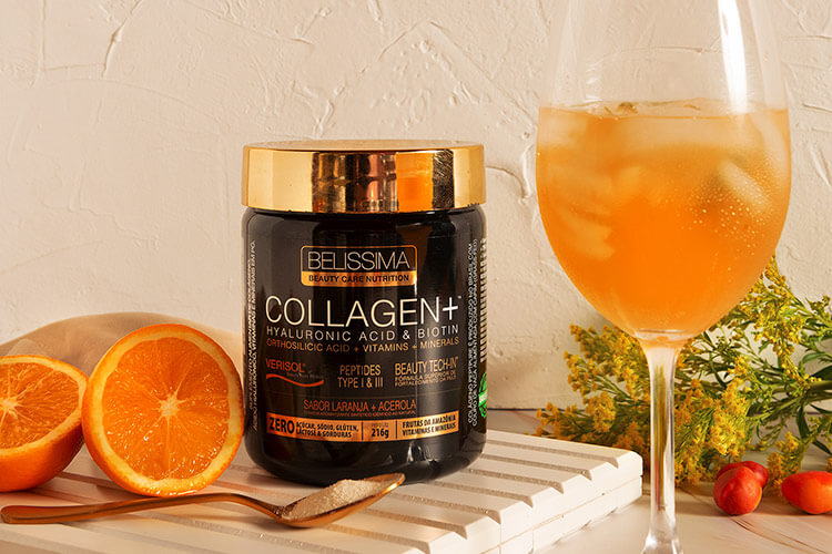 pote de collagen+ ao lado de laranja e drink, um nutricosmético que complementa as ações dos antioxidantes